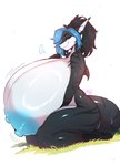 anthro bangs big_breasts blue_eyes blue_hair blue_nipples bouncing_breasts breasts claws female fin gills grass hair huge_breasts hyper hyper_breasts nipples paws plant ponytail shark_tail sitting smile smiling_at_viewer smirk smirking_at_viewer solo stripes wide_hips milkywayos cassette_(cassette) fish marine shark hi_res