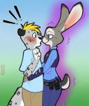 2016 4_fingers anthro aussie_luvtail black_nose blonde_hair blue_eyes blush clothed clothing digital_drawing_(artwork) digital_media_(artwork) dipstick_ears disney duo ear_markings exclamation_point eyebrows felid female fingers fur glowing grey_body grey_fur growth hair half-closed_eyes heart_symbol hi_res houkuko hug inner_ear_fluff judy_hopps lagomorph leporid long_ears male mammal multicolored_ears narrowed_eyes necktie open_mouth pantherine pink_nose plant police police_uniform purple_eyes rabbit raised_eyebrow smile smirk snow_leopard story story_in_description surprise tree tuft uniform zootopia