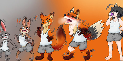 anthro black_hair blush bodily_fluids bottomwear breasts clothing drinking female five_frame_sequence fox_ears fox_tail fur gender_transformation green_eyes grey_body grey_eyes grey_fur hair height_reduction humanoid_to_anthro male mtf_transformation multi_frame_sequence orange_body orange_fur purple_eyes rabbit_ears scut_tail shirt short_tail shorts small_breasts solo species_transformation sweat sweatdrop tail tank_top tf_into_fictional_character topwear transformation transformation_sequence nageruamado disney zootopia fan_character judy_hopps nick_wilde animal_humanoid canid canid_humanoid canine canine_humanoid fox fox_spirit humanoid lagomorph leporid mammal mammal_humanoid rabbit red_fox true_fox hi_res right_to_left sequence