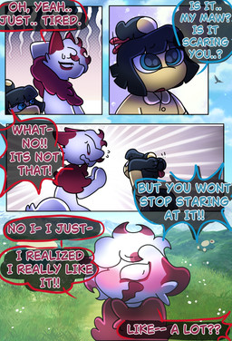 ambiguous_gender blue_eyes blush blushing_profusely dialogue flustered fur licking text tongue tongue_out white_body white_fur yellow_body halfpricesouls nintendo pokemon mango_(halfpricesouls) zoro_(halfpricesouls) generation_3_pokemon generation_8_pokemon hisuian_form hisuian_zorua mawile pokemon_(species) regional_form_(pokemon) absurd_res comic english_text hi_res male_(lore)