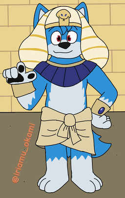 3_toes 5_fingers anthro artist_tag biped black_nose blue_body closed_smile countershading egyptian feet fingers gesture gloves_(marking) hand_gesture leg_markings male markings mouth_closed orange_text pointing pointing_at_viewer pyramid red_eyes smile smiling_at_viewer socks_(marking) solo tail text thin_eyebrows toes iriamu_okami iriamu canid canine canis mammal wolf 2025 artist_name hi_res
