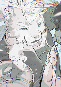 5_fingers action_pose ambiguous_gender anthro armwear beard black_clothing black_shirt black_topwear black_vest blue_background blue_eyes blue_pupils carrying_another claws closed_smile clothed clothed_anthro clothed_male clothing detached_sleeves duo ear_piercing ear_ring extreme_size_difference eyebrows eyes_closed facial_hair feral finger_claws fingerpads fingers fur grey_stripes hair half-closed_eyes inner_ear_fluff larger_male male mouth_closed narrowed_eyes on_hind_legs on_shoulder on_top pawpads piercing pink_pawpads pose pupils ring_piercing ringed_iris rosy_cheeks semi-anthro shirt simple_background size_difference smaller_feral smile striped_arms stripes tail thick_eyebrows topwear tuft vest whisker_spots white_body white_clothing white_eyebrows white_fur white_hair white_inner_ear_fluff white_sclera white_topwear white_vest chiayeeee domestic_cat felid feline felis mammal pantherine tiger 2024 absurd_res chromatic_aberration digital_drawing_(artwork) digital_media_(artwork) full-length_portrait half-length_portrait hi_res portrait