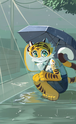 anthro biped clothed clothing eyelashes female fur raining solo striped_body striped_fur stripes tail umbrella drawligator aura_(drawligator) felid mammal pantherine tiger 2025 hi_res