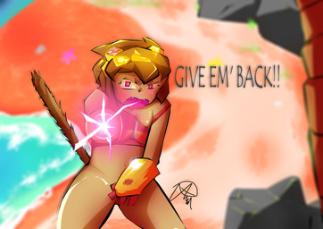 anthro arm_cannon beach bikini bikini_bottom_removed bikini_top bikini_top_only bottomless clothed clothing covering covering_crotch covering_self female flustered genitals ranged_weapon solo swimwear topwear topwear_only two-piece_swimsuit vulva weapon weapon_arm rottdaver gameoverse glitch_productions kit_bodega domestic_cat felid feline felis mammal absurd_res hi_res