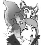 1:1 ahegao bestiality capcom derp_eyes duo female feral fur_trim_(clothing) greyscale gurochanop hand_on_head human human_on_feral interspecies larger_female looking_pleasured looking_up male male/female mammal meme monochrome monster_hunter pearlspring_macaque pogchamp size_difference smaller_male