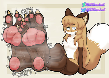 5_toes anthro blonde_hair blush bodily_fluids claws feet female foot_fetish foot_focus fur green_eyes hair musk musky_feet nails nude pawpads paws plantigrade smelly smelly_feet soles solo steamy_feet sweat sweaty_feet sweaty_paws tail teeth toes white_body white_fur yellow_body yellow_fur conditional_dnp kibaaoi averi_(fiddleafox) canid canine fox mammal absurd_res hi_res