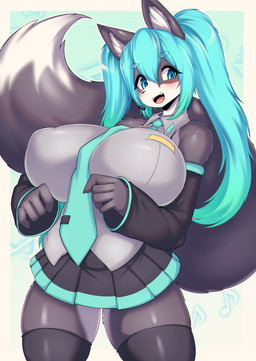 accessory anthro arm_warmers armwear big_breasts big_tail black_nose blue_background blue_eyes blue_hair blue_pupils blush border bottomwear breasts circle_eyebrows clothed clothing cosplay countershade_face countershade_legs countershade_torso countershading dipstick_tail eyebrow_through_hair eyebrows fangs female fingers fluffy fluffy_tail front_view fully_clothed fur grey_body grey_ears grey_fur grey_tail hair huge_breasts iris legwear long_hair markings miniskirt multicolored_tail musical_note musical_symbol necktie nipple_outline off_shoulder open_mouth open_smile outside_border pink_tongue pivoted_ears pupils simple_background skirt smile snout solo symbol tail tail_markings teeth thigh_highs tied_hair tongue translucent translucent_hair uniform white_body white_border white_countershading white_inner_ear tailzkim vocaloid yamaha_corporation hanul hatsune_miku canid canine canis domestic_dog husky mammal nordic_sled_dog spitz hi_res portrait three-quarter_portrait