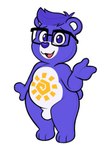 anthro balls bulge eyewear fur genitals glasses hair looking_at_viewer male open_mouth open_smile paws purple_body purple_eyes purple_fur purple_hair purple_nose simple_background smile solo standalone_balls standing white_background white_body white_fur acstlu care_bears fan_character bear mammal 2022 hi_res