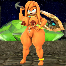 ankh anklet anthro bedroom_eyes big_breasts big_butt bracelet breasts butt ear_piercing ear_ring emerald_(gem) female gem genitals gold_(metal) gold_anklet gold_bracelet gold_jewelry hand_on_hip hoop_ear_ring huge_butt jewelry looking_at_viewer master_emerald mature_female melee_weapon narrowed_eyes navel navel_piercing necklace night nipple_piercing nipple_ring nipples nude nude_female open_mouth open_smile piercing ring_piercing seductive smile smiling_at_viewer solo sword thick_thighs vulva weapon sonico4ever uncommon_tech_(modeler) sega sonic_adventure sonic_the_hedgehog_(series) tikal_the_echidna echidna mammal monotreme 1:1 3d_(artwork) digital_media_(artwork)