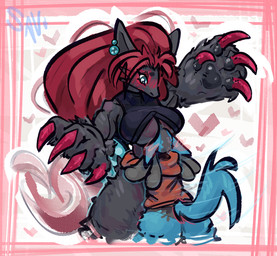 ambiguous_gender anthro anthro_on_anthro big_breasts blush breasts butt claws clothing duo ear_piercing female female/ambiguous hair head_between_breasts hoodie hug looking_down pawpads piercing red_claws red_clothing red_hair red_hoodie red_topwear simple_background surprised tail topwear under_boob zemora_(lividlucario) savielle nintendo pokemon generation_4_pokemon generation_5_pokemon lucario pokemon_(species) zoroark digital_media_(artwork) hi_res
