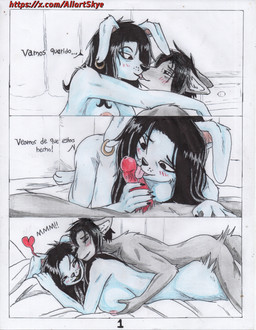 anthro big_breasts black_hair black_nose blue_body blue_fur breasts dialogue duo ear_piercing ear_ring erection female fur genitals glans grey_body grey_fur hair licking male male/female nipples nude oral penile penis penis_lick piercing pink_nipples red_penis ring_piercing sex tail text tongue white_body white_fur allartskye skye_(allartskye) canid canine canis lagomorph leporid mammal rabbit wolf comic hi_res translation_request url