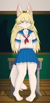 anthro blonde_hair chalkboard classroom clothing desk female furniture hair kemono long_hair one_eye_closed school school_uniform sniffing solo standing table uniform yellow_eyes kemonoyao sayu_(kemonoyao) canid canine fox mammal absurd_res hi_res