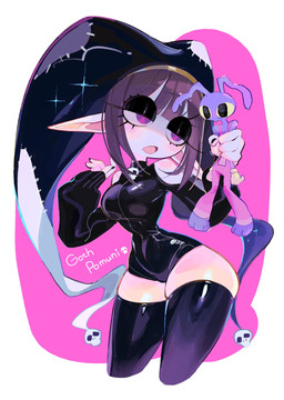 3_toes 4_fingers alternate_costume alternate_size alternate_species alternative_fashion anthro bangs black_clothing black_eyes black_eyeshadow black_headwear black_legwear black_nails black_thigh_highs blunt_bangs breasts brown_hair carrying_another clothing colored_nails crooked_ears cutout duo ears_down eyelashes eyeliner eyeshadow feet female fingers fool's_hat fur gloves goth hair half-closed_eyes handwear hat headgear headwear hindpaw holding_another humanoid_focus humanoid_pointy_ears jester larger_female legwear long_ears long_eyelashes long_sleeves looking_at_another makeup male multicolored_eyes nails name_drop narrowed_eyes navel_outline noseless not_furry not_furry_focus open_mouth overalls pale_skin patch_(fabric) paws pink_background pink_clothing pink_eyes pink_overalls pivoted_ears pointy_ears purple_body purple_eyes purple_fur shoulder_cutout shoulderless_topwear side_bangs simple_background size_difference skull_accessory small_waist smaller_male spiral spiral_eyes thigh_highs toes wasp_waist white_background wide_hips yellow_glove ame_929 glitch_productions the_amazing_digital_circus goth_pomni_(usa37107692) jax_(tadc) pomni_(tadc) elf humanoid lagomorph leporid mammal rabbit 2025 hi_res portrait three-quarter_portrait