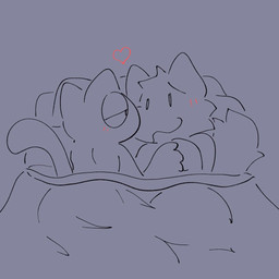 ambiguous/ambiguous ambiguous_gender anthro bed bedding bedroom_eyes black_line_art blanket blush blush_lines duo eye_contact eyebrows furniture grey_background hand_holding heart_symbol interspecies looking_at_another lying mouth_closed narrowed_eyes on_bed on_side pillow seductive simple_background snout tail crispycreamxd canid canine domestic_cat felid feline felis mammal 1:1 2024 digital_media_(artwork) sketch spot_color