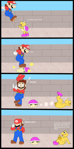 anthro areola big_breasts biped blush breasts clothed clothing dialogue duo eyebrows facial_hair female footwear hair huge_breasts larger_human larger_male male mustache nipples open_mouth outside pupils shoes shortstack side_view size_difference smaller_female smile text topwear yellow_body lurking_tyger mario_bros nintendo mario human koopa koopa_troopa mammal reptile scalie turtle 1:2 absurd_res comic english_text hi_res
