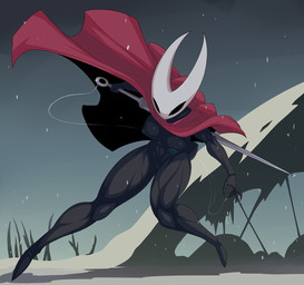 2_horns 5_fingers anthro areola arthropod_abdomen biped black_eyes blue_areola blue_nipples breasts clothing female fingers holding_melee_weapon holding_object holding_weapon horn looking_at_viewer melee_weapon nipples pose red_clothing solo standing thread weapon tacticoolmofo hollow_knight_(franchise) team_cherry hornet_(hollow_knight) arthropod 2025 hi_res