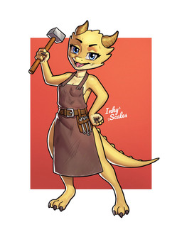 3_toes 4_fingers anthro apron apron_only barefoot belt biped blacksmith_apron blacksmith_hammer blue_eyes border breasts claws clothed clothed_anthro clothing collarbone countershade_feet countershade_hands countershade_jaw countershading digitigrade eyebrows feet female fingers front_view geometric_background holding_object holding_tool horn light looking_at_viewer non-mammal_breasts open_mouth open_smile pose short_snout simple_background small_breasts smile snout solo standing tail tail_ridge text toe_claws toes tongue tools white_border yellow_body inky_scales kobold scalie 2025 4:5 absurd_res artist_name digital_drawing_(artwork) digital_media_(artwork) full-length_portrait hi_res lighting portrait shaded