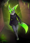 anthro biped black_body black_nose boots breasts clothed clothing eyewear female footwear fur glasses glowing green_body green_eyes hair looking_at_viewer shoes simple_background smile solo standing teeth walking e-01 fakemon pokemon_uranium fan_character zoe_(aurorastarwolf7) canid canine fakeveelution mammal nucleon_(fakemon) absurd_res digital_media_(artwork) hi_res