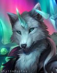 anthro cheek_tuft chest_tuft clothed clothing detailed_fur facial_markings facial_tuft fluffy fur head_markings horn light markings solo tuft white_body white_fur rhythmpopfox canid canine canis mammal wolf 2020 bust_portrait detailed hi_res lighting portrait