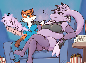 anthro belly blue_background blue_clothing blue_shirt blue_topwear box breasts clothing container duo female freckles fur furniture gloves handwear male orange_body orange_fur overweight pizza_box purple_body purple_fur shirt simple_background sitting sofa topwear axlwisp nintendo pokemon jackie_(axlwisp) rigel_(joeman87766) canid canine fox generation_4_pokemon lopunny mammal pokemon_(species) 2023 hi_res
