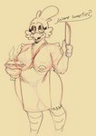 2023 anonymous_artist anthro apron apron_only avian big_breasts bird breasts cheeky_(roommates) chica_(fnaf) chicken clothing dessert dialogue digital_media_(artwork) english_text exposed_breasts female five_nights_at_freddy's food galliform gallus_(genus) guide_lines handwear knife makeup oven_mitts pastry phasianid pie roommates:motha running_makeup scottgames sketch slightly_chubby solo text wide_hips