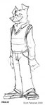 anthro biped bottomwear button_ears chest_tuft clothing eyewear floppy_ears footwear front_view glasses looking_aside male pants shirt shoes smile solo standing topwear tuft vest k-9 circles_(comic) paul_mayhew canid canine canis domestic_dog mammal 2002 full-length_portrait greyscale monochrome portrait sketch traditional_media_(artwork)