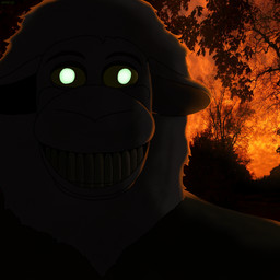 anthro creepy_face creepy_smile fur glistening glistening_eyes glowing glowing_eyes green_pupils horror_(theme) lazy_eye looking_at_viewer male mane nightmare_fuel plant pupils scary smile smiling_at_viewer solo sunset tree yellow_sclera m4n albert_(m4n) bovid caprine mammal sheep absurd_res headshot_portrait hi_res portrait