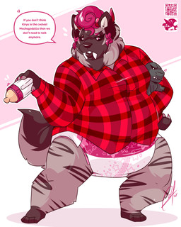 4_fingers 4_toes anthro baby_bottle blush blush_lines bottle breasts brown_body brown_ears brown_fur brown_inner_ear brown_nose brown_sclera brown_stripes brown_tail character_plushie clean_diaper clothed clothing colored_nails container curly_hair dialogue diaper eyebrows eyelashes fangs feet female fingerless_(marking) fingernails fingers fur hair half-closed_eyes head_horn holding_bottle holding_container holding_object holding_plushie horn leg_markings logo markings nails narrowed_eyes pattern_clothing pattern_shirt pattern_topwear pink_fingernails pink_hair pink_horn pink_nails plaid plaid_clothing plaid_shirt plaid_topwear plushie qr_code raised_eyebrow red_clothing red_shirt red_topwear shirt simple_background socks_(marking) solo speech_bubble standing striped_body striped_fur stripes tail teeth text three-quarter_view toes topwear wearing_diaper wetness_indicator lilchu godzilla_(series) mythology toho bri_(kalash) godzilla canid canid_demon canine demon hellhound hyena mammal mythological_canine mythological_creature 2020 4:5 artist_logo english_text full-length_portrait hi_res portrait signature trans_(lore) trans_woman_(lore)