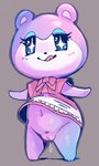 animal_crossing anthro bear bodily_fluids bottomless clothed clothing conditional_dnp dress exed_eyes eyelashes female full-length_portrait fur genital_fluids genitals gradient_body grey_background judy_(animal_crossing) mammal nintendo plump_labia portrait purple_body pussy red_clothing red_dress simple_background solo sparkles sparkling_eyes star_eyes tongue tongue_out vaginal_fluids