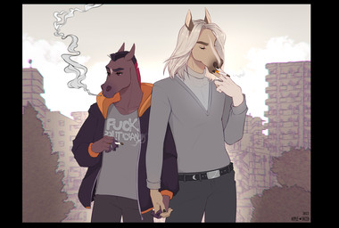 anthro anthro_on_anthro black_border black_clothing black_hair black_jacket black_topwear border bottomwear brown_body brown_eyes cigarette clothed clothing duo eyelashes eyes_closed front_view grey_bottomwear grey_clothing grey_pants grey_topwear hair hand_holding holding_cigarette holding_object jacket male male/male outside pants red_hair smoke smoking standing tan_body text topwear white_hair apple-faced bruce_(saeed-anwari) equid equine horse mammal 2022 artist_name dated hi_res