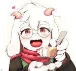 2_horns 4_fingers anthro blush cake cutlery dessert eyewear fingers floppy_ears food fork fur glasses heart_symbol horn kemono kitchen_utensils looking_at_viewer male open_mouth open_smile red_scarf scarf simple_background smile solo text tools white_background white_body white_fur suru56nee deltarune undertale_(series) ralsei bovid caprine goat mammal hi_res japanese_text