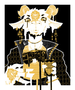 3_eyes 4_fingers anthro black_background black_eyebrows border bracelet breasts cheek_tuft cleavage clothed clothing ear_piercing ear_ring eyebrows eyelashes eyeliner eyewear facial_tuft female female_anthro fingers fur goggles hair holding_object horn jacket jewelry looking_at_viewer makeup multi_eye neck_tuft necklace piercing police_badge ring ring_piercing shirt short_hair simple_background solo text topwear tuft white_body white_border white_fur yellow_eyes yellow_horn deltav bovid caprine goat mammal bust_portrait english_text hi_res portrait signature