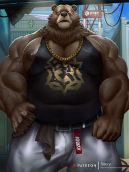 anthro barazoku belt big_muscles big_pecs bottomwear brown_body brown_fur building chain_necklace clothed clothed_anthro clothed_male clothing deltoids eye_scar facial_scar forearm_muscles front_view fur jewelry male musclegut muscular muscular_anthro muscular_male neck_tuft necklace pants pecs scar shirt solo standing tank_top topwear tuft saury_(artist) mihoyo zenless_zone_zero ben_bigger bear mammal 3:4 hi_res
