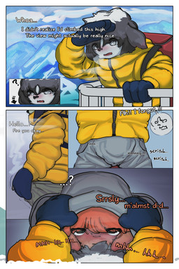 anthro blush clothing cloud detailed_background duo fellatio first_person_view inside_clothing looking_at_viewer male male/male mountain oral penile rear_view sex sky text winter winter_coat snafgh 01_(snafgh) 02_(snafgh) canid canine canis domestic_dog lagomorph mammal 2:3 comic english_text hi_res