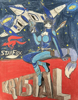 3d_print accessory anthro arwing belt belt_boots blue_body blue_fur blue_hair bold_text boots cannon chest_tuft circlet clothing female flight_suit footwear fur furgonomics galaxy grin gun hair handgun holster honeycomb_(pattern) inner_ear_fluff logo pistol ranged_weapon shoes shoulder_pads sitting smile solo space spacecraft star tail tail_accessory tailband text tuft utility_belt vehicle weapon whiskers white_body white_fur dylanaildon_no_2 nintendo star_fox krystal_(star_fox) canid canine fox mammal hi_res shaded signature traditional_media_(artwork)