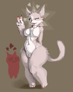 anthro aureola black_nose breasts eyelashes featureless_breasts female front_view fur genitals gesture hand_gesture looking_at_viewer navel nude one_eye_closed pawpads pink_body pink_fur solo thick_thighs tongue tongue_out v_sign vulva white_body white_fur wide_hips wink winking_at_viewer tyypending mewgenics marshmallow_(mewgenics) domestic_cat felid feline felis mammal 4:5 hi_res