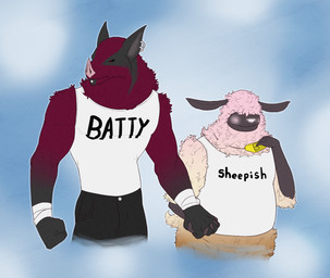 5_fingers anthro bell black_body black_bottomwear black_clothing black_fur black_sclera black_skin blush bottomless bottomwear clothed clothing duo ear_piercing ear_ring facial_piercing fingers fur hand_holding labret_piercing lip_piercing male multicolored_body multicolored_fur pants piercing purple_body purple_fur red_nose ring_piercing romantic romantic_couple shirt simple_background tank_top topwear white_body white_fur thedivinetemple dhalo_(himeros) mova_(himeros) bat bovid caprine domestic_sheep mammal microbat sheep hi_res