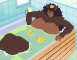 anthro bathtub big_breasts black_hair black_nose bottle breasts brown_body brown_fur container eyes_closed female fur hair huge_breasts inside nude object_on_head partially_submerged partially_submerged_breasts rubber_duck sitting smile solo toy water fenrir_brown fenrie_(fenrir_brown) canid canine canis mammal wolf hi_res