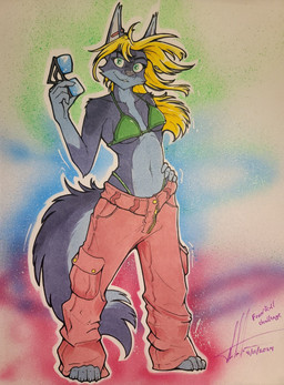 4_toes 5_fingers abstract_background anthro arm_tuft barefoot bikini bikini_top biped black_eyebrows blonde_hair blue_body blue_claws blue_countershading blue_ear_tips blue_feet blue_fur blue_hands blue_markings blue_tail blue_tuft bottomwear breasts cheek_tuft claws clothed clothed_anthro clothed_female clothing countershade_face countershade_fur countershade_tail countershade_torso countershading dipstick_ears ear_markings ear_piercing ear_tuft elbow_tuft eyebrows eyelashes eyewear facial_tuft feet female female_anthro finger_claws fingers flowing_hair front_view fur fur_markings fur_tuft gloves_(marking) green_bikini green_clothing green_eyes green_swimwear grey_body grey_ears grey_fur grey_nose grey_tail grey_tuft grin grinning_at_viewer hair hand_on_hip hand_on_own_hip holding_eyewear holding_object holding_sunglasses humanoid_hands industrial_piercing iris light_claws light_nose long_hair long_tail markings monotone_hair multicolored_body multicolored_ears multicolored_fur multicolored_tail navel outline oversized_bottomwear oversized_clothing oversized_pants pants piercing pink_bottomwear pink_clothing pink_pants pose pupils purple_text shoulder_tuft slim slim_anthro slim_female small_breasts smile smiling_at_viewer solo sunglasses swimwear tail text thong_straps toe_claws toes tuft two-piece_swimsuit under_boob white_inner_ear white_outline white_sclera zipper commandercross charity_cross canid canine canis mammal wolf 2024 dated english_description english_text full-length_portrait hi_res portrait signature traditional_media_(artwork)