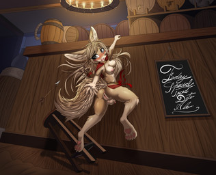 anthro arrow_(weapon) balls blush bodily_fluids breasts butt clothed clothing embarrassed falling feet fur genital_fluids genitals hair herm holding_object intersex looking_at_viewer nipples open_mouth penis quiver_(object) ranged_weapon size_difference smaller_intersex solo tail tavern teeth vulva weapon wolfie_(emilie3) mirapony dungeons_and_dragons hasbro wizards_of_the_coast canid canine fennec_fox fox mammal true_fox absurd_res digital_media_(artwork) hi_res