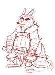 2018 anthro armor baron_puddin_paws belly biped canid canine disney fox gideon_grey hi_res humanoid_hands male mammal red_fox simple_background sketch slightly_chubby solo true_fox weapon white_background zootopia