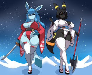 anthro asian_clothing axe battle_axe big_breasts black_body black_eyes black_fur black_hair blue_body blue_eyes blue_fur blue_hair breasts cleavage clothed clothing duo east_asian_clothing female footwear frown fur hair hand_on_hip highleg holding_object holding_weapon japanese_clothing katana kimono legwear melee_weapon narrowed_eyes night outside red_sclera scowl snow socks star stockings sword tabi_socks unimpressed weapon wide_hips winter xdragoncam nintendo pokemon eeveelution generation_2_pokemon generation_4_pokemon glaceon mammal pokemon_(species) umbreon absurd_res hi_res