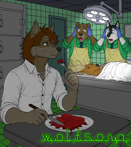 anthro antlers apron blood blue_eyes bodily_fluids brown_eyes brown_hair clothing corpse covering cutlery dark_room death door eating embalming floor food fork full_mouth fur furniture gloves gore green_clothing green_shirt green_topwear group hair handwear horn kitchen_utensils knife latex latex_clothing latex_gloves latex_handwear male meat metal_chair metal_table mirror morgue mortuary_cabinet multicolored_body multicolored_fur navy_blue_neckwear plate raw_meat rolled_up_sleeves shirt shocked sink surgical_light table tile tile_floor tile_wall tools topwear trio two_tone_body two_tone_fur wall_(structure) white_clothing white_sclera white_shirt white_topwear yellow_eyes angelo(wolfsona) bear canid canine canis deer domestic_dog husky mammal nordic_sled_dog spitz wolf hi_res shaded watermark