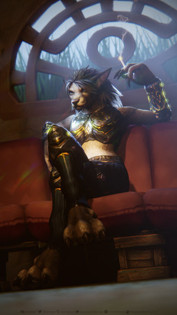 anthro armor black_hair black_nose blue_eyes bottomwear cigarette clothing female furniture grass hair inside paws plant sofa solo text topwear unconvincing_armor window thatworgen blizzard_entertainment warcraft destiney_crawford_(thatworgen) canid mammal werecanid werecreature worgen 2022 3d_(artwork) 4k 9:16 absurd_res autodesk_3ds_max_(artwork) digital_media_(artwork) hi_res url watermark