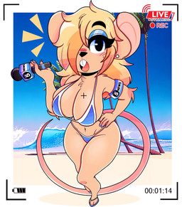 anthro arm_tuft armband beach big_breasts big_ears bikini blonde_hair blue_eyes blue_eyeshadow breasts buckteeth chest_tuft clothing colored_fingernails colored_nails ear_piercing elbow_tuft electronics eyeshadow female fingernails flip_flops footwear hair makeup microphone nails piercing pink_tail recording_video sandals shoes solo swimwear tail tan_body teeth thick_thighs translucent translucent_hair triangle_bikini tuft two-piece_swimsuit wide_hips wireless_shiba ela_novabay mammal mouse murid murine rodent 2025 absurd_res hi_res