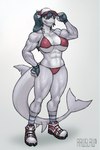 anthro bikini breasts clothed clothing female fingerless_gloves footwear gloves grin handwear hat headgear headwear looking_at_viewer muscular muscular_female nipple_outline pecs pecs_with_breasts shoes simple_background smile sneakers socks solo swimwear two-piece_swimsuit white_background rawslaw5 fish marine shark hi_res