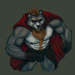 abs anthro belt biceps blue_eyes body_hair bulge cape chest_hair clothed clothing facial_hair fur goatee grey_body grey_fur hair hero leather leather_clothing looking_at_viewer male mean_look muscular muscular_anthro muscular_male nipples orange_hair pecs red_clothing smile solo lupelongo mammal 1:1 digital_media_(artwork) hi_res