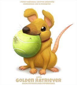 ambiguous_gender ball black_eyes brown_body brown_fur claws collar feral fur humor pun simple_background solo tennis_ball tennis_ball_in_mouth text visual_pun whiskers white_background yellow_body yellow_fur piper_thibodeau bird_dog canid canine canis domestic_dog golden_retriever hunting_dog hybrid mammal murid murine rat retriever rodent digital_media_(artwork) digital_painting_(artwork) english_text painting_(artwork) url