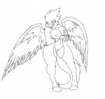 anthro beak big_breasts breasts feathered_wings feathers female genitals hand_on_breast holding_breast looking_at_viewer navel nipples non-mammal_breasts non-mammal_nipples open_mouth pose pussy simple_background solo tail white_background wide_hips wings winstar sazume avian 2012 black_and_white monochrome