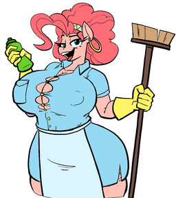 accessory apron big_dress blue_clothing blue_dress blue_eyes breasts broom cleaner cleaning_tool cleavage clothed clothing dress ear_piercing female gloves hair handwear headband latex latex_clothing latex_gloves latex_handwear latina maid_uniform markings mole_(marking) nipple_outline piercing pink_body pink_hair soap_bottle solo uniform yellow_clothing yellow_gloves yellow_handwear anontheanon friendship_is_magic hasbro my_little_pony latina_pie_(aer0_zer0) pinkie_pie_(mlp) earth_pony equid equine horse mammal pony
